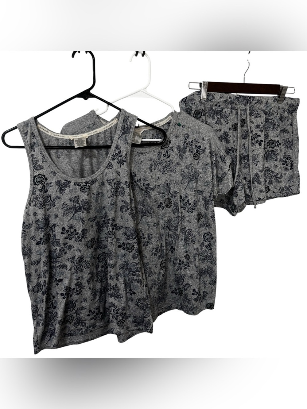 Lucky Brand blue gray Floral soft Tank Top, short sleeve tee,Shorts pajama Set S